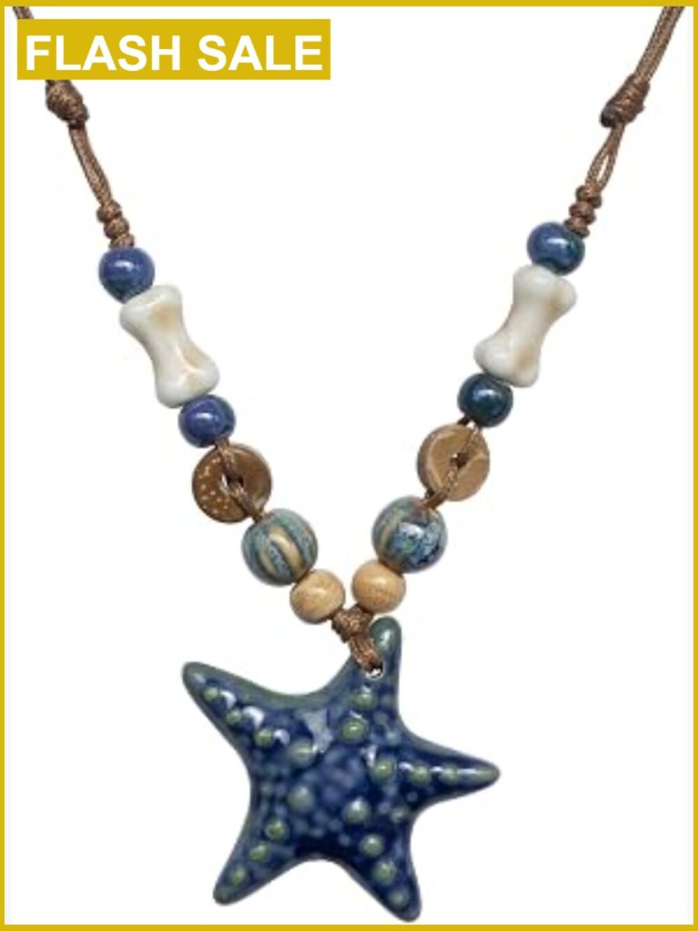 Ceramic Fish Pendant Necklace, Adjustable Wood Beaded Strand Necklace for